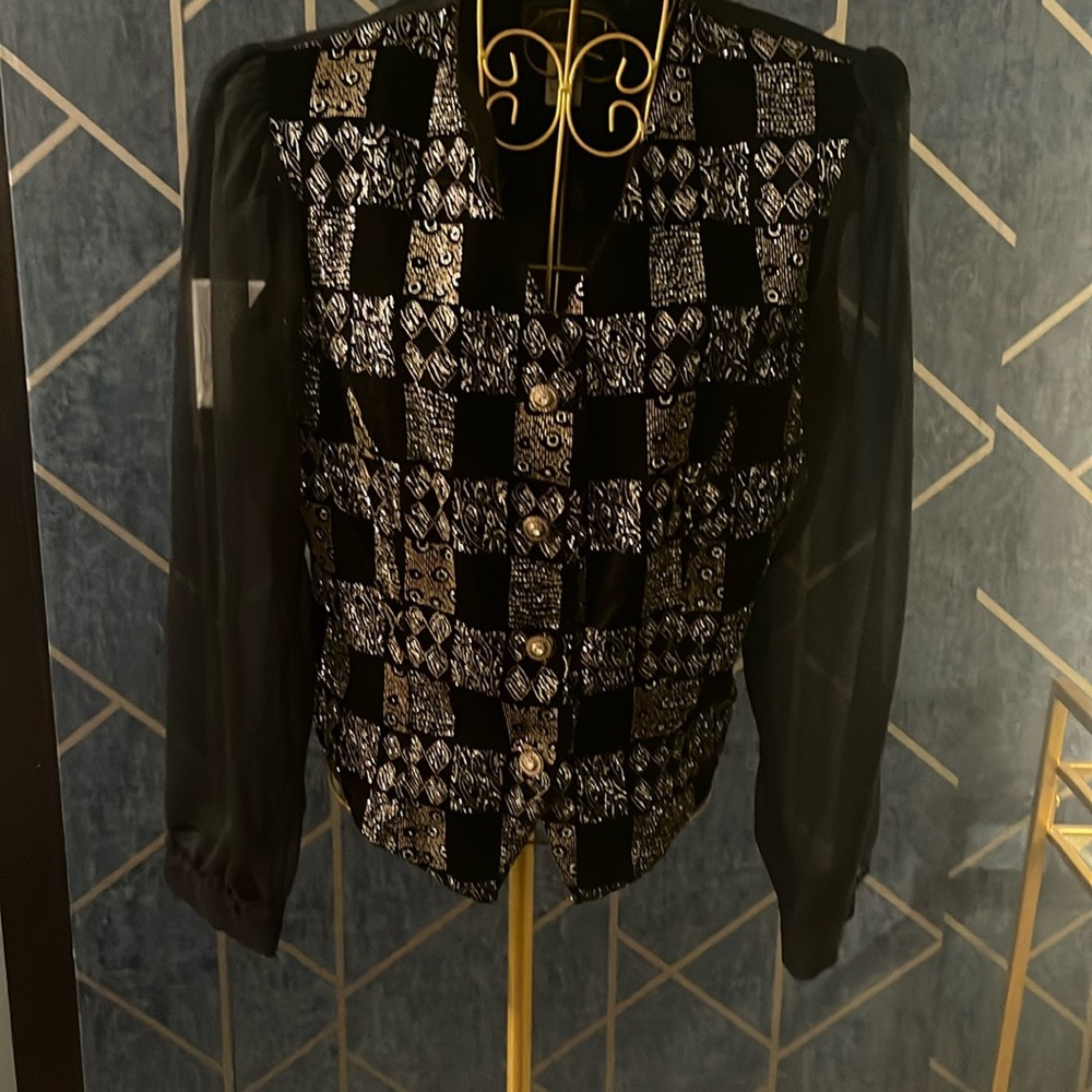 Vintage R&K Evening Gold and Silver Button-Up Blouse with Sheer Sleeves